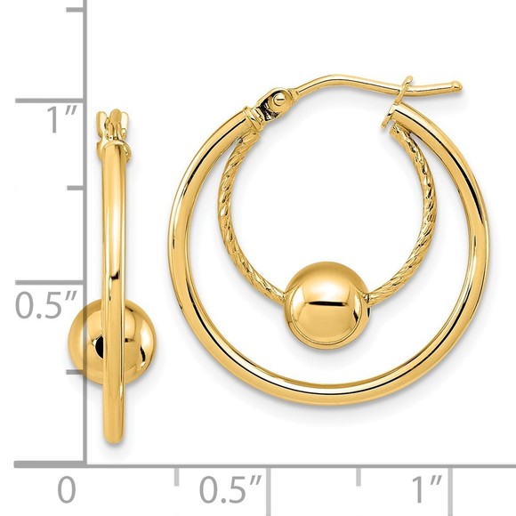 10k Yellow Gold Polished Textured w/ 6mm Ball Hoop Earrings